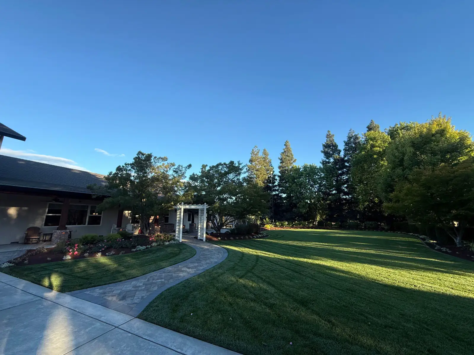 Curved paver walkway crossing a finished backyard lawn