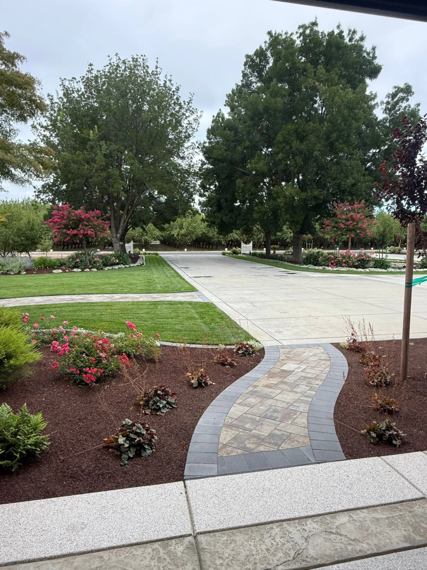 Curved paver walkway connecting a landscaped lawn, planting beds, and the home
