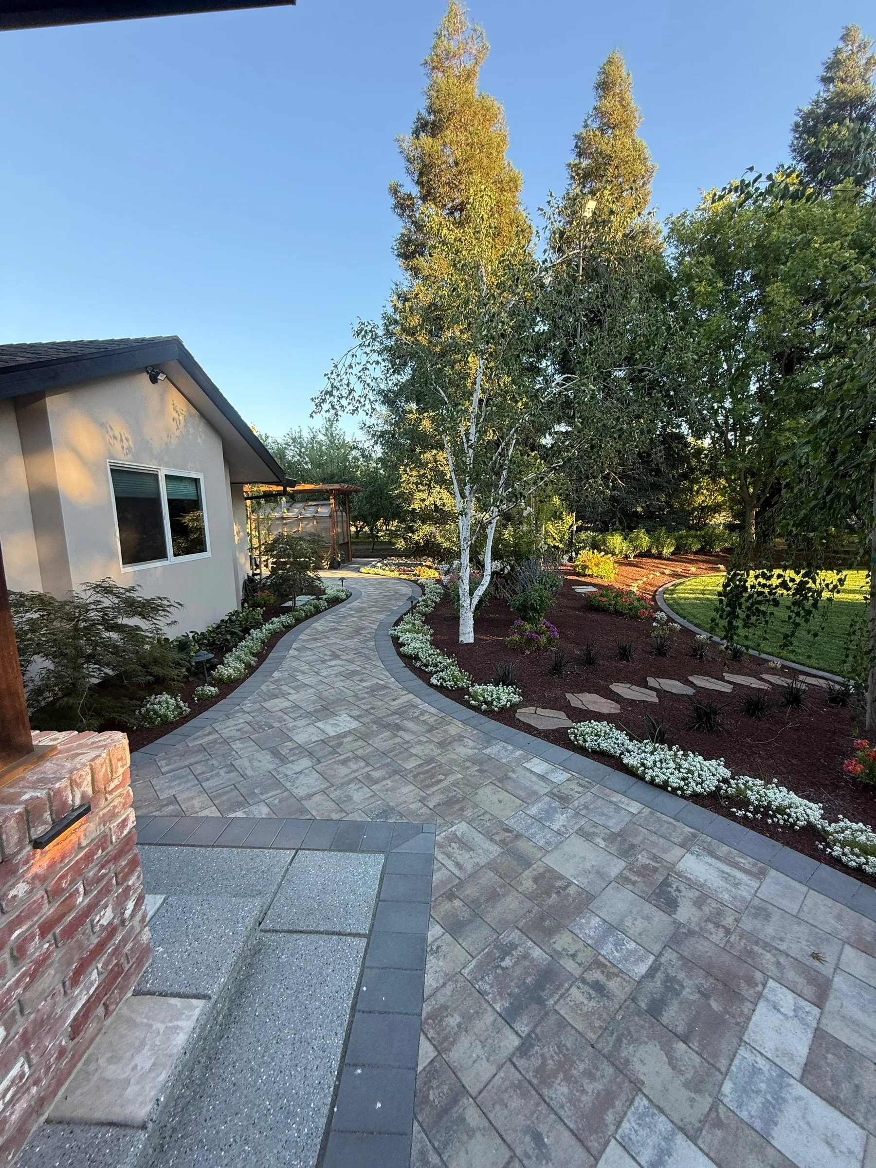 Paver courtyard and curved walkway surrounding a central tree bed