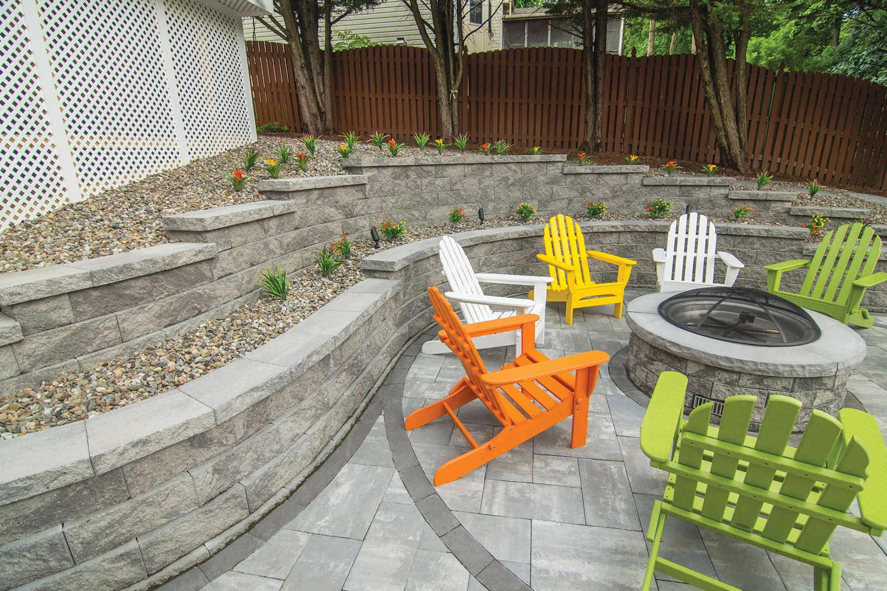 Terraced retaining walls surrounding a paver patio and circular fire pit gathering area